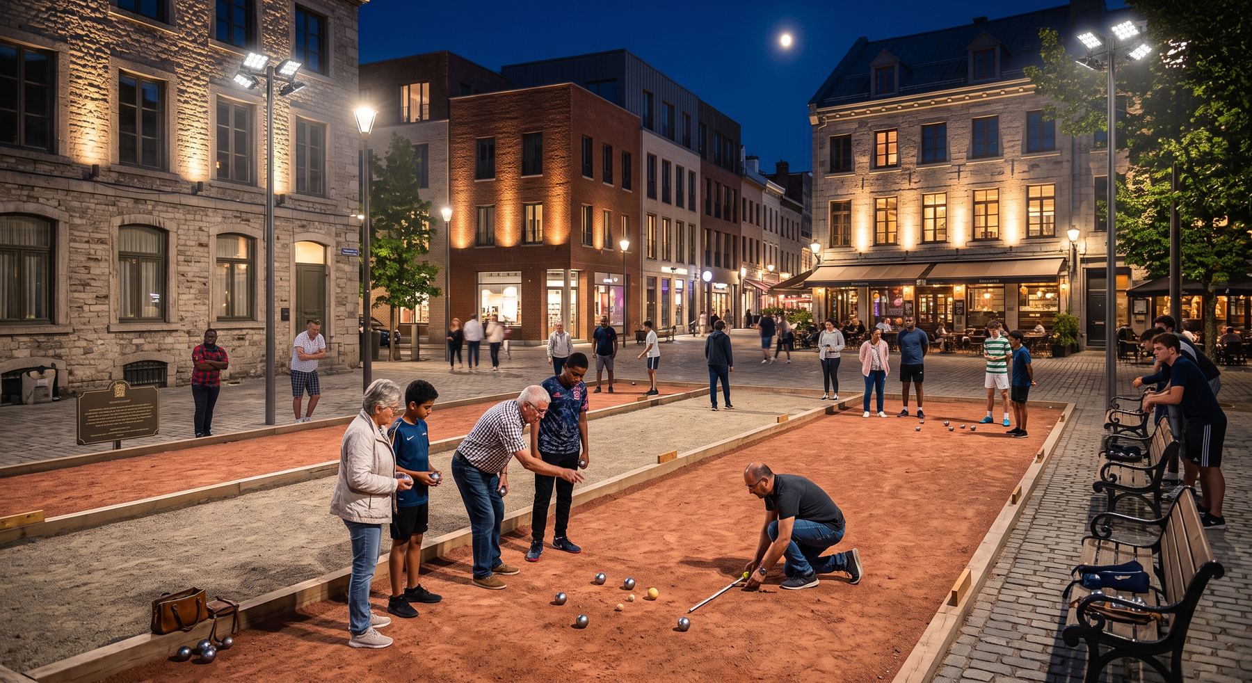 Boulodrome de centre-ville éclairé de nuit, partie de pétanque en cours