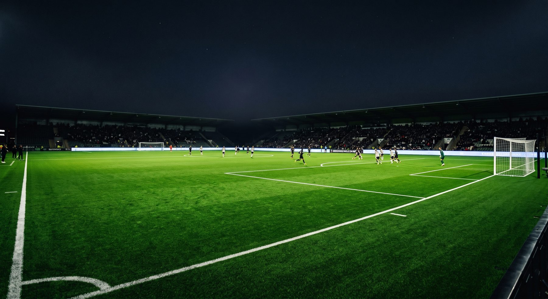 Stade de football éclairé de nuit, pelouse et tribunes pleines